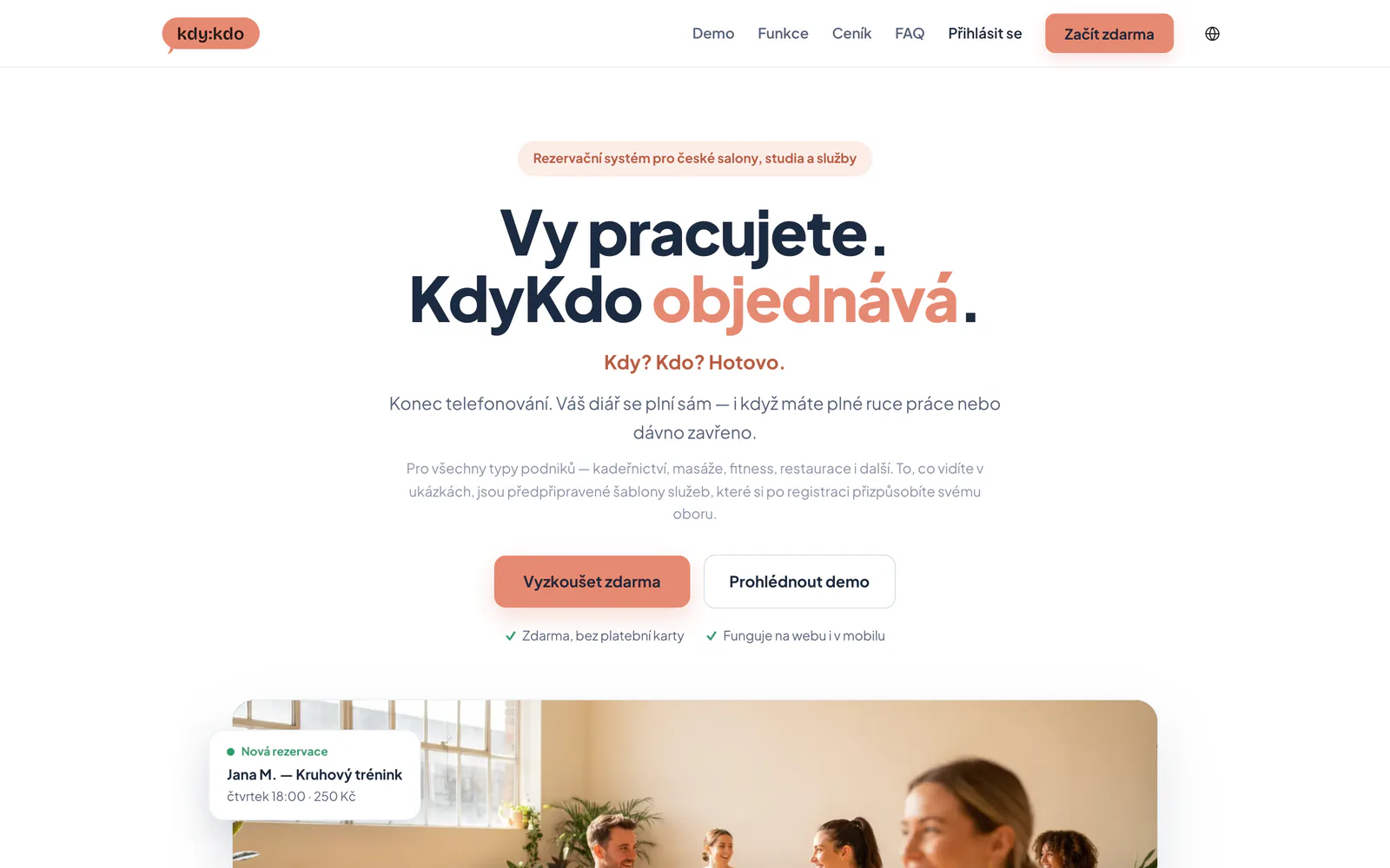 Úvodní stránka rezervačního systému kdy:kdo s titulkem Vy pracujete, KdyKdo objednává